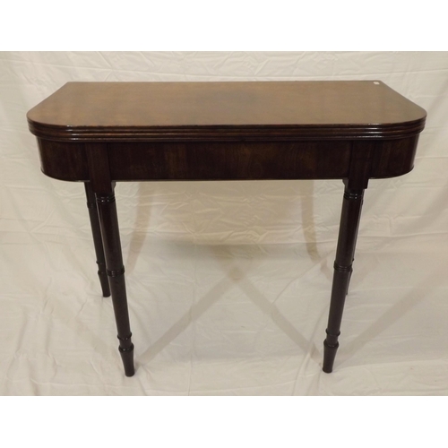 165 - Victorian mahogany tea table with fold-over top, reeded borders, pull-out gate leg support, on turne... 