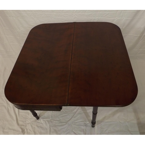 165 - Victorian mahogany tea table with fold-over top, reeded borders, pull-out gate leg support, on turne... 