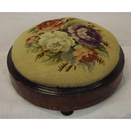 166 - Georgian inlaid mahogany round footstool with needlepoint tapestry, and turned legs