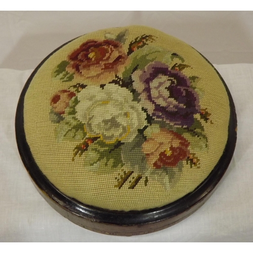 166 - Georgian inlaid mahogany round footstool with needlepoint tapestry, and turned legs