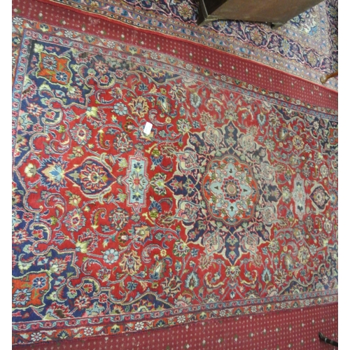 23 - Multi-coloured ground Persian Mashad hand woven rug with medallion design 330x135