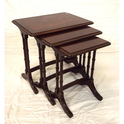 26 - Edwardian style inlaid and crossbanded mahogany nest of three tables, urned columns and bracket feet