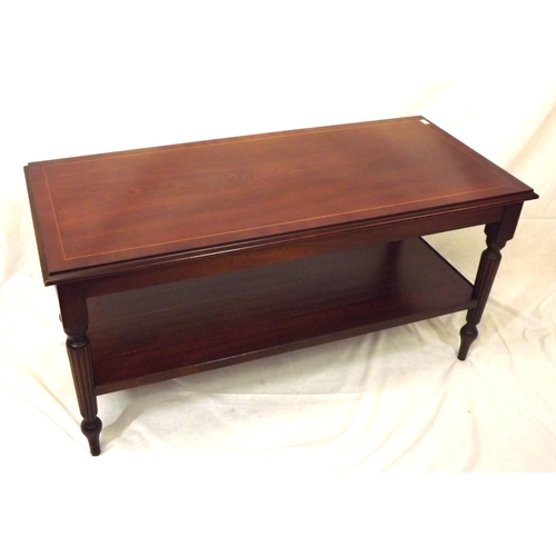 36 - Edwardian style inlaid oblong two tier coffee table with reeded columns and turned legs