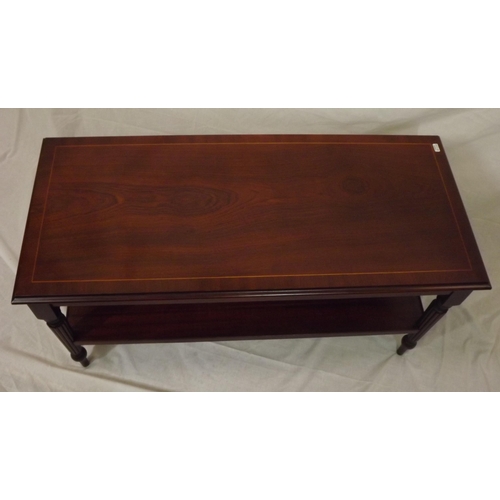 36 - Edwardian style inlaid oblong two tier coffee table with reeded columns and turned legs