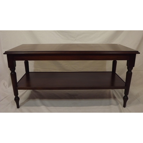 36 - Edwardian style inlaid oblong two tier coffee table with reeded columns and turned legs