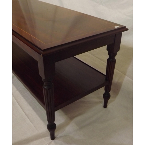 36 - Edwardian style inlaid oblong two tier coffee table with reeded columns and turned legs