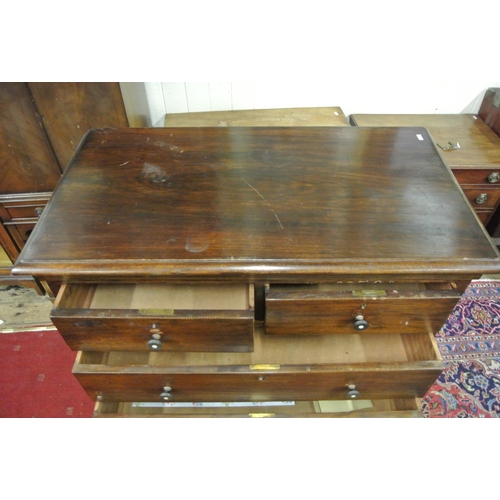 40 - Edwardian inlaid mahogany chest of two short and three long drawers with round handles, on bracket f... 