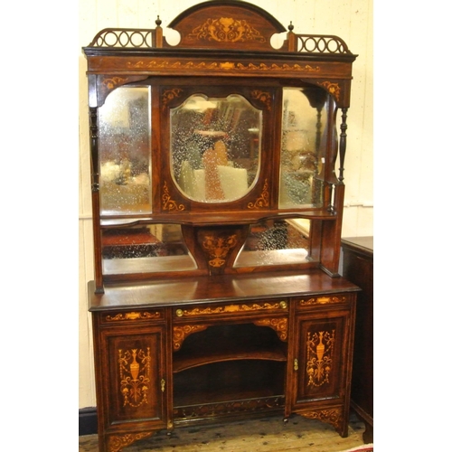 45 - Edwardian inlaid mahogany and rosewood chiffonier with domed top, urn finials, shaped bevelled mirro... 