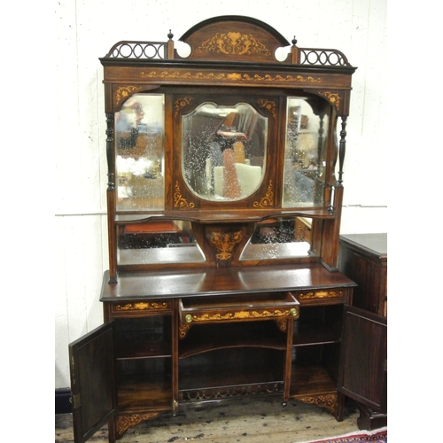 45 - Edwardian inlaid mahogany and rosewood chiffonier with domed top, urn finials, shaped bevelled mirro... 