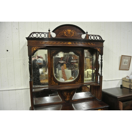 45 - Edwardian inlaid mahogany and rosewood chiffonier with domed top, urn finials, shaped bevelled mirro... 