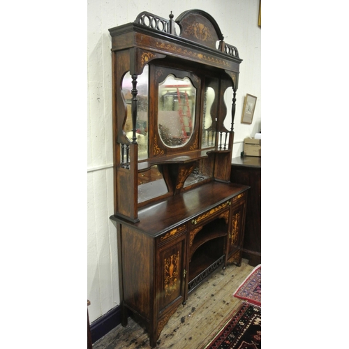 45 - Edwardian inlaid mahogany and rosewood chiffonier with domed top, urn finials, shaped bevelled mirro... 