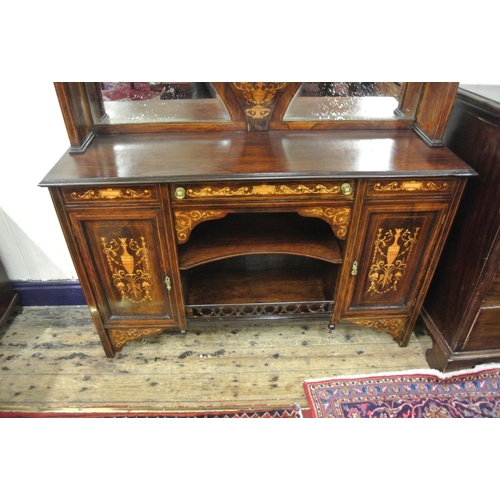 45 - Edwardian inlaid mahogany and rosewood chiffonier with domed top, urn finials, shaped bevelled mirro... 