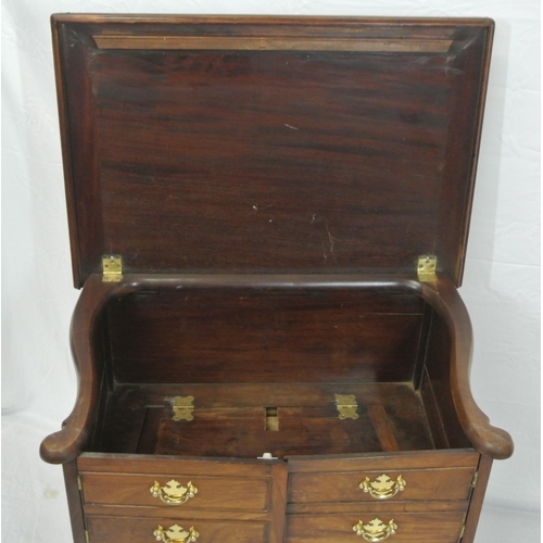 46 - Edwardian mahogany commode with lift-up lid, chest of drawer front with drop handles, on bracket fee... 