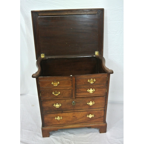 46 - Edwardian mahogany commode with lift-up lid, chest of drawer front with drop handles, on bracket fee... 