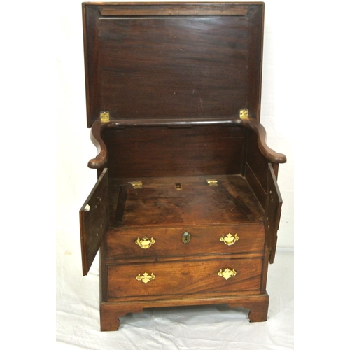 46 - Edwardian mahogany commode with lift-up lid, chest of drawer front with drop handles, on bracket fee... 