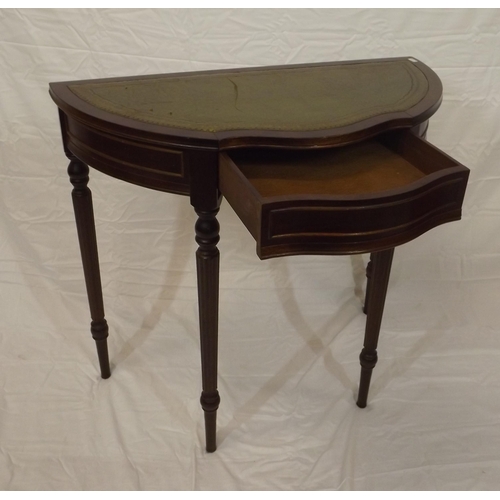 54 - Edwardian style serpentine fronted hall or side table with frieze drawer, on reeded tapering legs