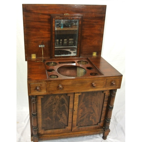 61 - Victorian mahogany washstand with lift-up lid, sectioned interior, pull-up vanity mirror, two side d... 