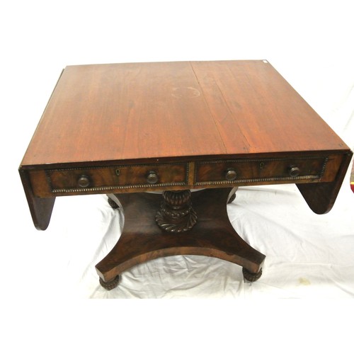 140 - Regency style mahogany sofa table with drop leaves, reeded borders, on shaped column on hipped quadr... 