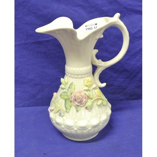 179 - Belleek ewer with foliate encrustation and shaped handle