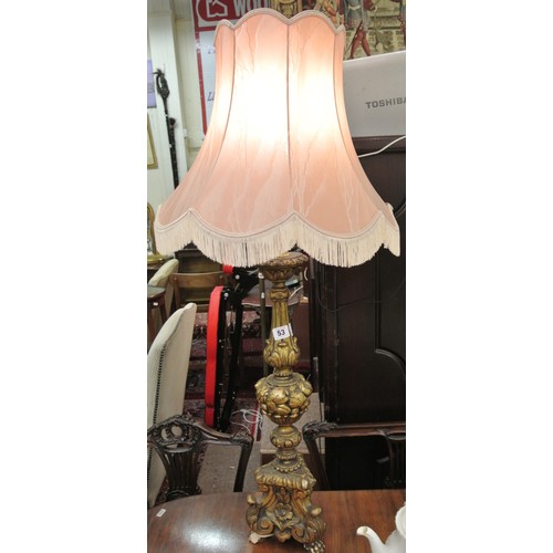 53 - Ornate carved gilded timber electric table lamp with foliate decoration