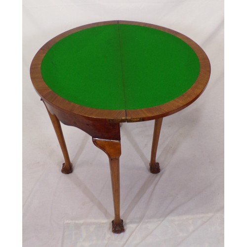 180 - Edwardian walnut and satinwood crossbanded demi lune card table with fold-over top, pull-out support... 