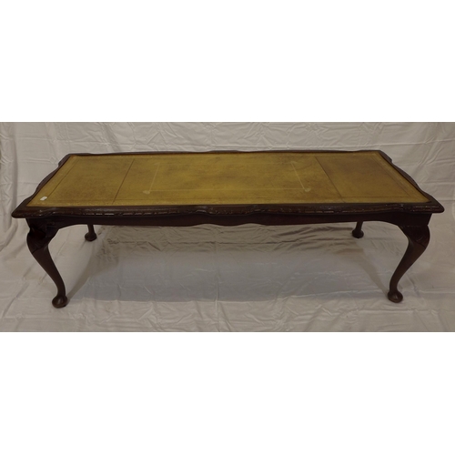 4 - Edwardian oblong coffee or occasional table with leatherette inset, carved borders, on cabriole legs... 