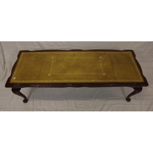 4 - Edwardian oblong coffee or occasional table with leatherette inset, carved borders, on cabriole legs... 