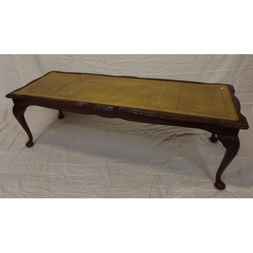 4 - Edwardian oblong coffee or occasional table with leatherette inset, carved borders, on cabriole legs... 