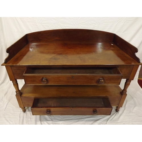 5 - Victorian mahogany two tier hall or side table with raised border, frieze drawer with bun handles, o... 