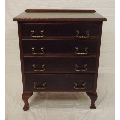 15 - Edwardian style mahogany small chest of four drawers with brass drop handles, on cabriole legs