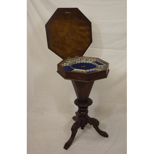 36 - Edwardian inlaid mahogany hexagonal shaped work  table with lift-up lid, fitted interior, on turned ... 