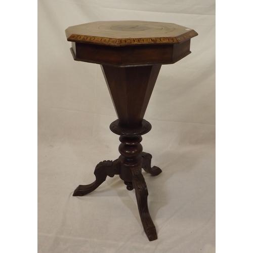 36 - Edwardian inlaid mahogany hexagonal shaped work  table with lift-up lid, fitted interior, on turned ... 