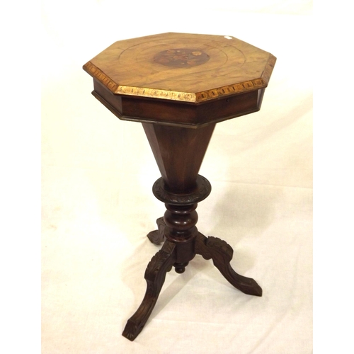 36 - Edwardian inlaid mahogany hexagonal shaped work  table with lift-up lid, fitted interior, on turned ... 