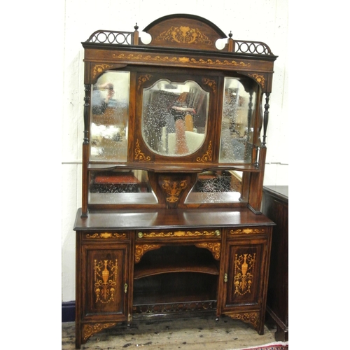 40 - Edwardian inlaid mahogany and rosewood chiffonier with domed top, urn finials, shaped bevelled mirro... 