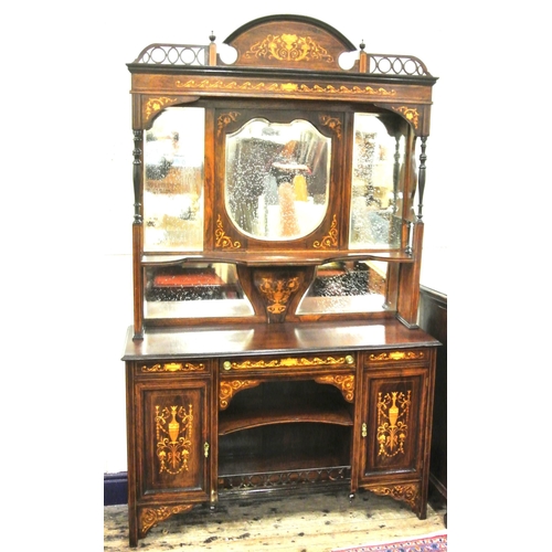 40 - Edwardian inlaid mahogany and rosewood chiffonier with domed top, urn finials, shaped bevelled mirro... 