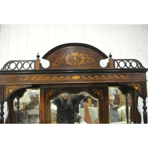 40 - Edwardian inlaid mahogany and rosewood chiffonier with domed top, urn finials, shaped bevelled mirro... 