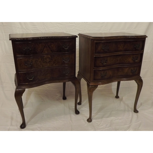 45 - Pair of Edwardian walnut serpentine fronted side chests with carved borders, shaped drawers with bra... 