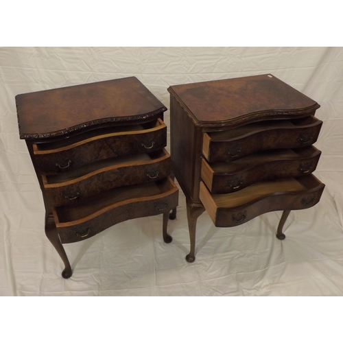 45 - Pair of Edwardian walnut serpentine fronted side chests with carved borders, shaped drawers with bra... 