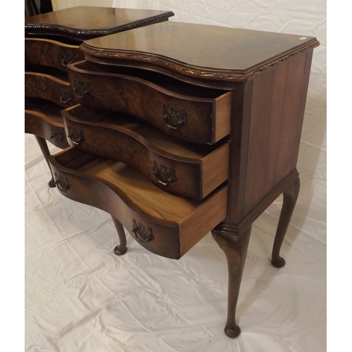 45 - Pair of Edwardian walnut serpentine fronted side chests with carved borders, shaped drawers with bra... 