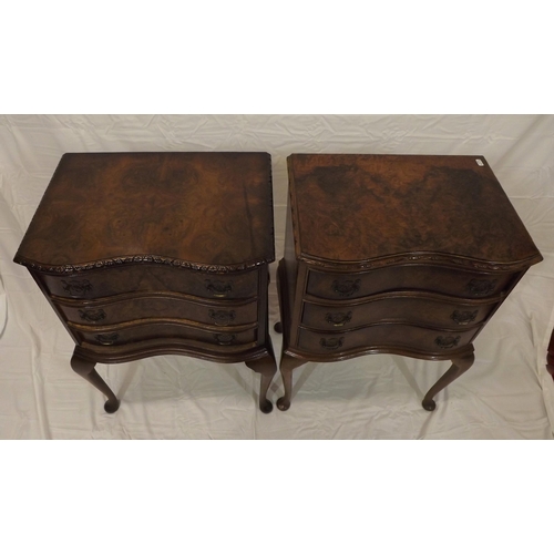 45 - Pair of Edwardian walnut serpentine fronted side chests with carved borders, shaped drawers with bra... 