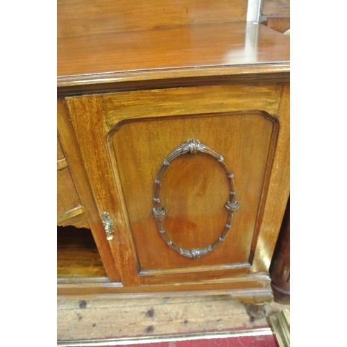 65 - Edwardian mahogany bow fronted sideboard with tray back, two central drawers, shelved side presses w... 