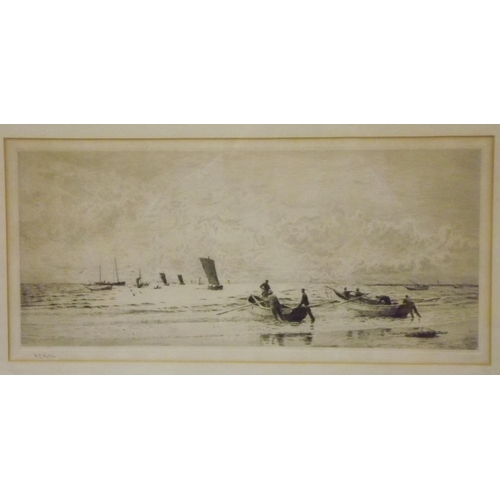 229 - W L Wyllie 'Launching the boats' etching 20x48cm signed