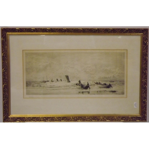 229 - W L Wyllie 'Launching the boats' etching 20x48cm signed