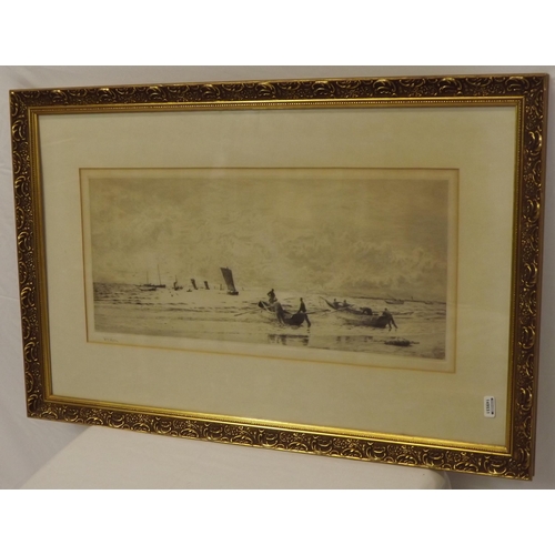 229 - W L Wyllie 'Launching the boats' etching 20x48cm signed