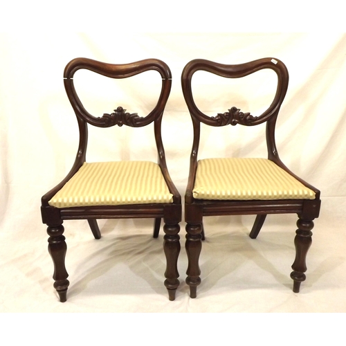 288 - Pair of Victorian spoonback walnut dining chairs with carved rails, upholstered seats, on baluster t... 