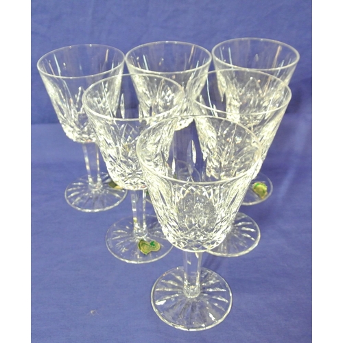 123 - Set of six Waterford Crystal wine glasses with diamond decoration, hexagonal stems and round bases