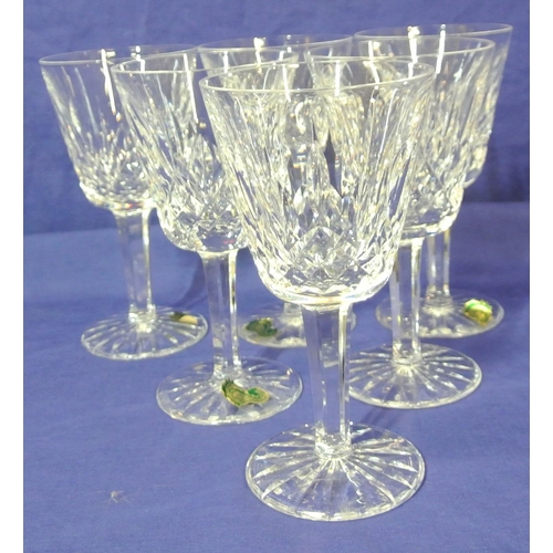 123 - Set of six Waterford Crystal wine glasses with diamond decoration, hexagonal stems and round bases