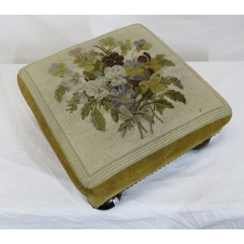 126 - Georgian mahogany footstool with foliate embroidery on bun feet