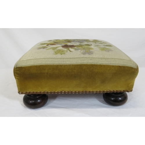 126 - Georgian mahogany footstool with foliate embroidery on bun feet