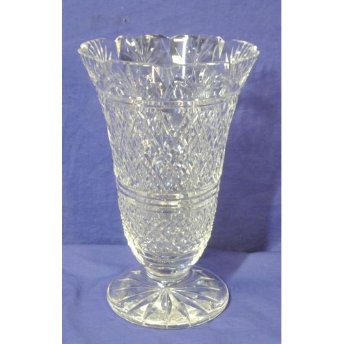 147 - Tall flared Waterford Crystal cut glass flower vase with scalloped border, hobnail and strawberry di... 